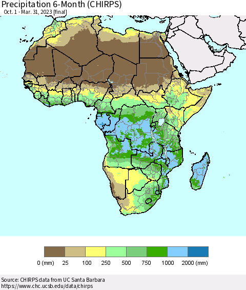 Africa Precipitation 6-Month (CHIRPS) Thematic Map For 10/1/2022 - 3/31/2023