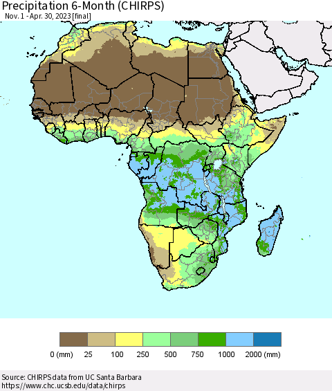 Africa Precipitation 6-Month (CHIRPS) Thematic Map For 11/1/2022 - 4/30/2023