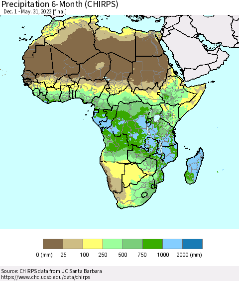 Africa Precipitation 6-Month (CHIRPS) Thematic Map For 12/1/2022 - 5/31/2023