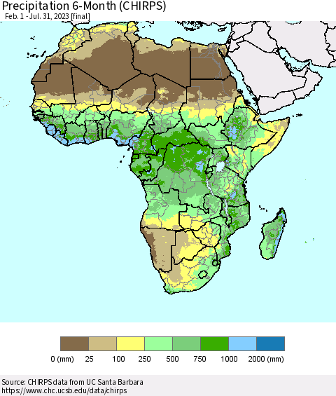 Africa Precipitation 6-Month (CHIRPS) Thematic Map For 2/1/2023 - 7/31/2023