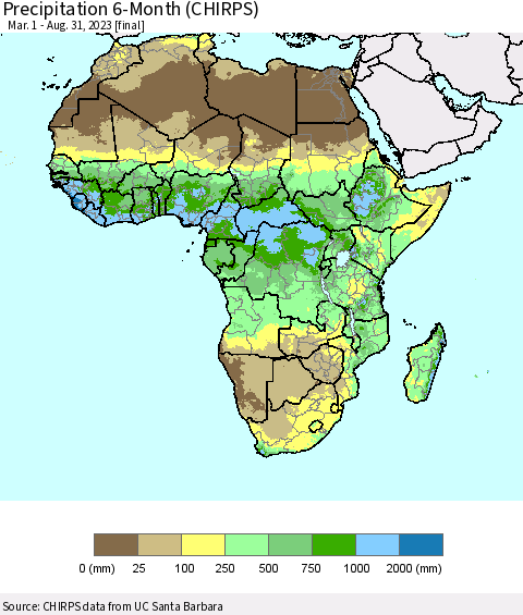 Africa Precipitation 6-Month (CHIRPS) Thematic Map For 3/1/2023 - 8/31/2023