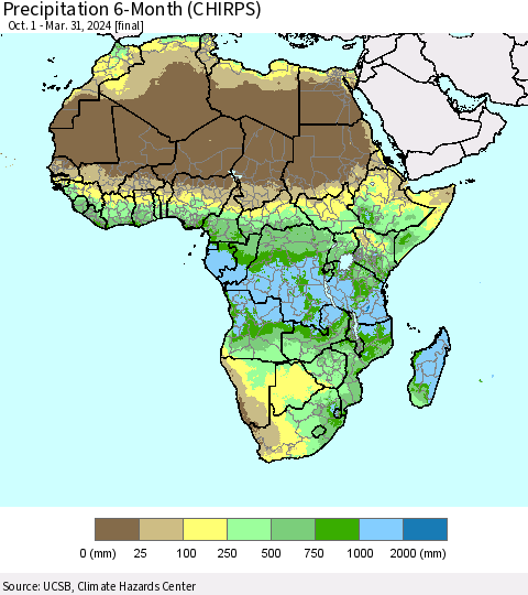 Africa Precipitation 6-Month (CHIRPS) Thematic Map For 10/1/2023 - 3/31/2024