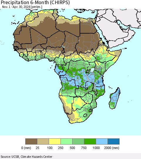 Africa Precipitation 6-Month (CHIRPS) Thematic Map For 11/1/2023 - 4/30/2024