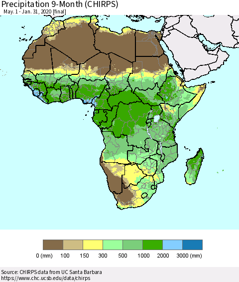 Africa Precipitation 9-Month (CHIRPS) Thematic Map For 5/1/2019 - 1/31/2020