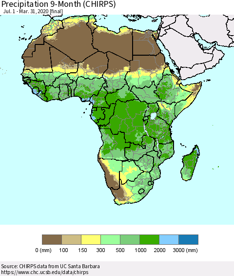 Africa Precipitation 9-Month (CHIRPS) Thematic Map For 7/1/2019 - 3/31/2020
