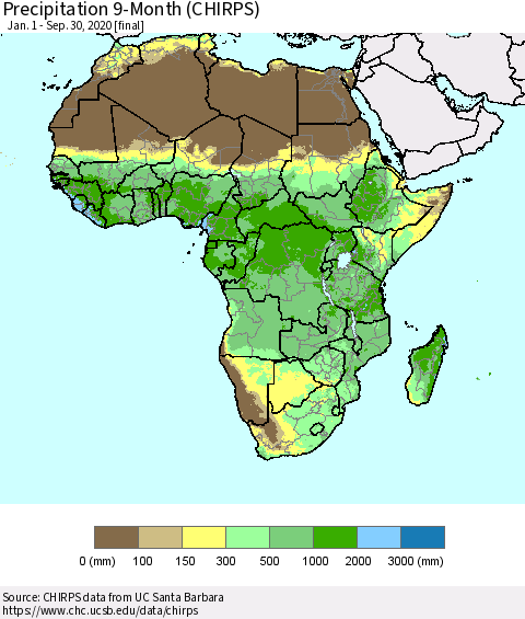 Africa Precipitation 9-Month (CHIRPS) Thematic Map For 1/1/2020 - 9/30/2020