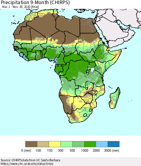 Africa Precipitation 9-Month (CHIRPS) Thematic Map For 3/1/2020 - 11/30/2020