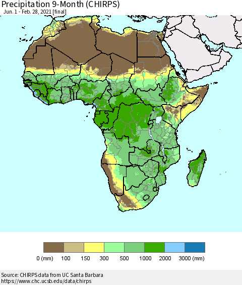 Africa Precipitation 9-Month (CHIRPS) Thematic Map For 6/1/2020 - 2/28/2021