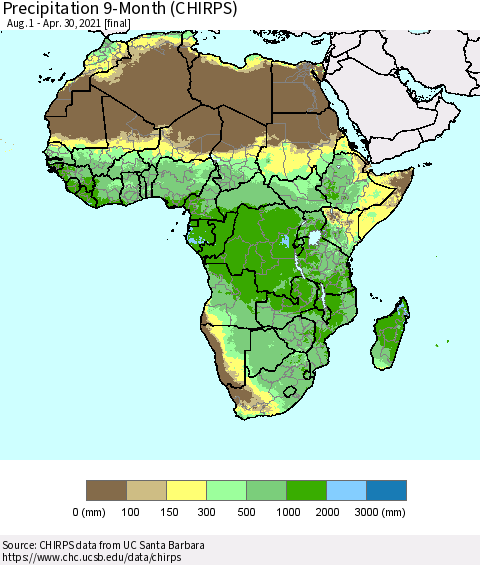Africa Precipitation 9-Month (CHIRPS) Thematic Map For 8/1/2020 - 4/30/2021