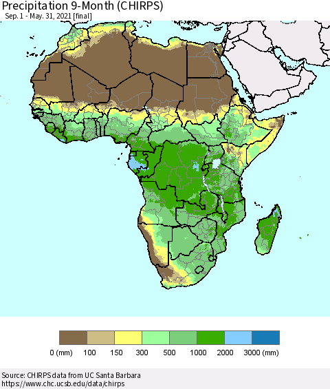 Africa Precipitation 9-Month (CHIRPS) Thematic Map For 9/1/2020 - 5/31/2021