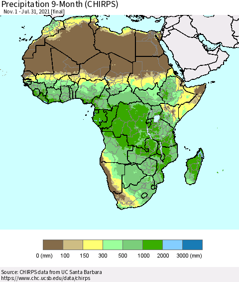 Africa Precipitation 9-Month (CHIRPS) Thematic Map For 11/1/2020 - 7/31/2021