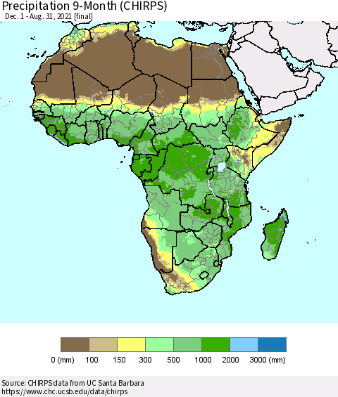 Africa Precipitation 9-Month (CHIRPS) Thematic Map For 12/1/2020 - 8/31/2021