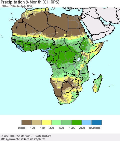 Africa Precipitation 9-Month (CHIRPS) Thematic Map For 3/1/2021 - 11/30/2021