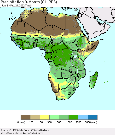 Africa Precipitation 9-Month (CHIRPS) Thematic Map For 6/1/2021 - 2/28/2022