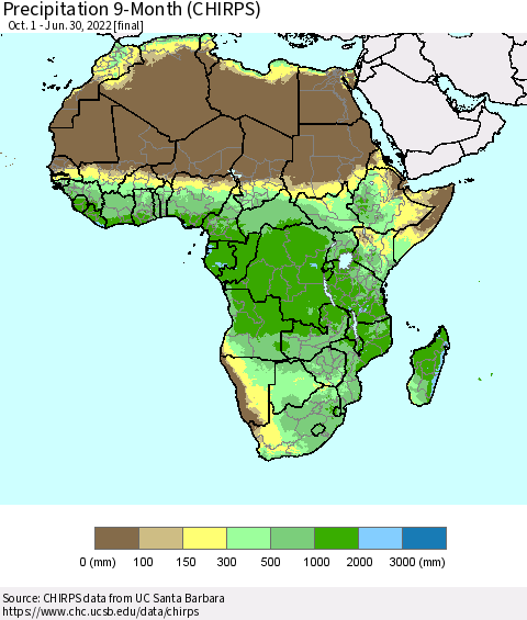 Africa Precipitation 9-Month (CHIRPS) Thematic Map For 10/1/2021 - 6/30/2022