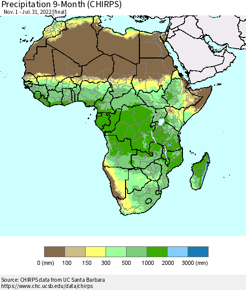 Africa Precipitation 9-Month (CHIRPS) Thematic Map For 11/1/2021 - 7/31/2022