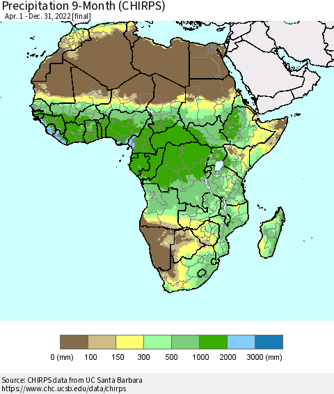 Africa Precipitation 9-Month (CHIRPS) Thematic Map For 4/1/2022 - 12/31/2022