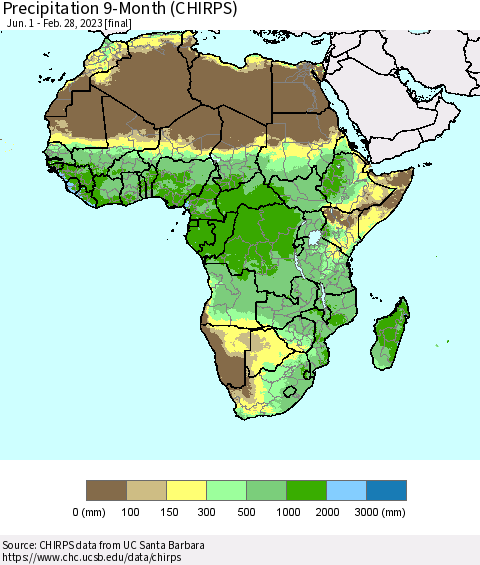 Africa Precipitation 9-Month (CHIRPS) Thematic Map For 6/1/2022 - 2/28/2023