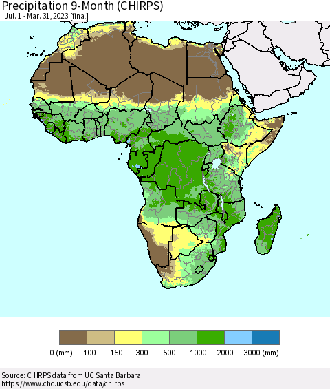 Africa Precipitation 9-Month (CHIRPS) Thematic Map For 7/1/2022 - 3/31/2023