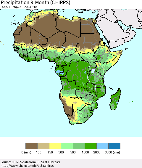Africa Precipitation 9-Month (CHIRPS) Thematic Map For 9/1/2022 - 5/31/2023