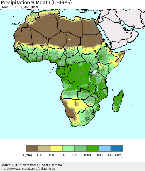 Africa Precipitation 9-Month (CHIRPS) Thematic Map For 11/1/2022 - 7/31/2023