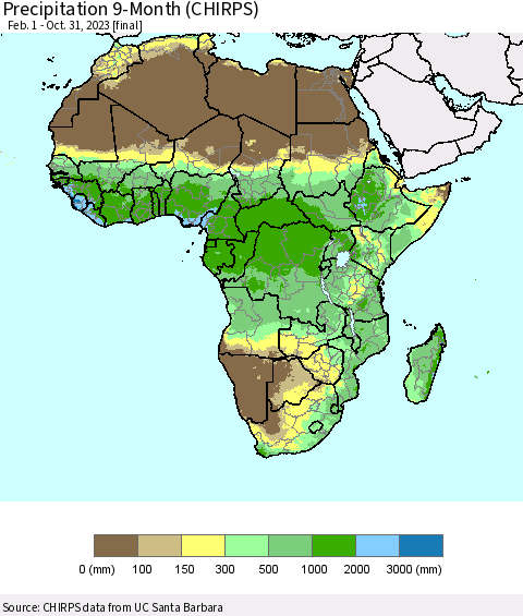 Africa Precipitation 9-Month (CHIRPS) Thematic Map For 2/1/2023 - 10/31/2023