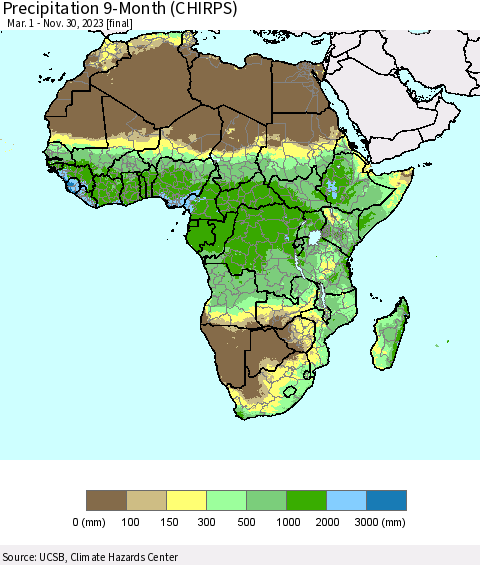 Africa Precipitation 9-Month (CHIRPS) Thematic Map For 3/1/2023 - 11/30/2023
