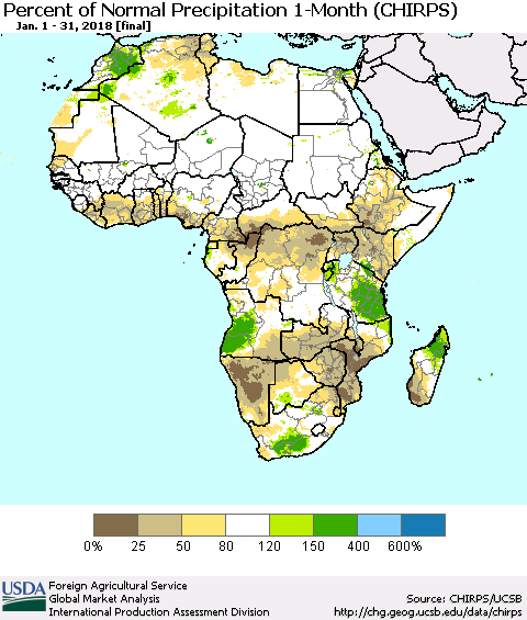 Africa Percent of Normal Precipitation 1-Month (CHIRPS) Thematic Map For 1/1/2018 - 1/31/2018