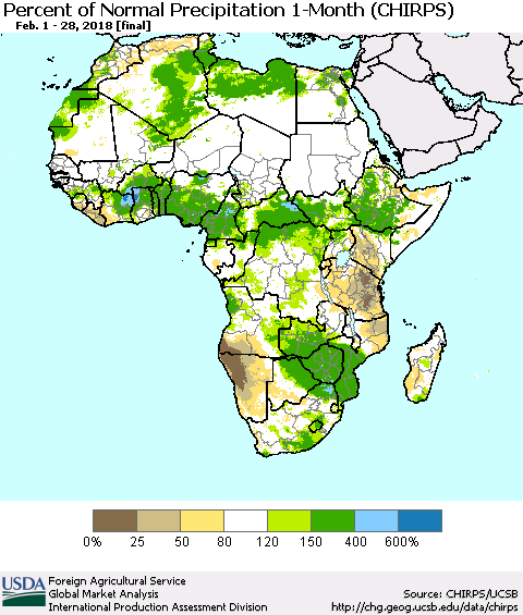 Africa Percent of Normal Precipitation 1-Month (CHIRPS) Thematic Map For 2/1/2018 - 2/28/2018