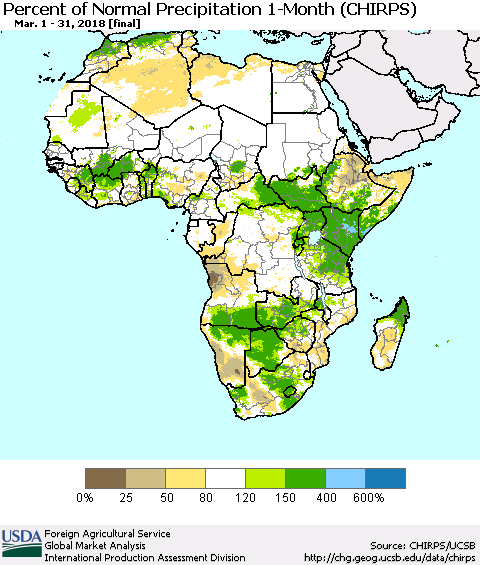 Africa Percent of Normal Precipitation 1-Month (CHIRPS) Thematic Map For 3/1/2018 - 3/31/2018