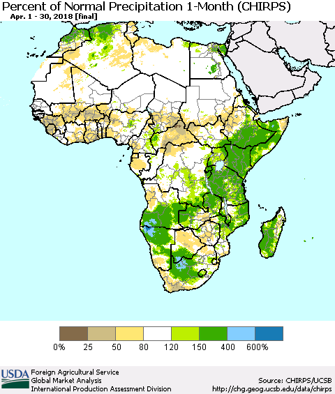 Africa Percent of Normal Precipitation 1-Month (CHIRPS) Thematic Map For 4/1/2018 - 4/30/2018
