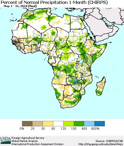 Africa Percent of Normal Precipitation 1-Month (CHIRPS) Thematic Map For 5/1/2018 - 5/31/2018