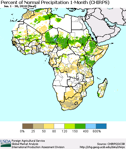 Africa Percent of Normal Precipitation 1-Month (CHIRPS) Thematic Map For 6/1/2018 - 6/30/2018