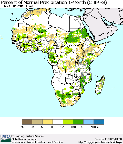 Africa Percent of Normal Precipitation 1-Month (CHIRPS) Thematic Map For 7/1/2018 - 7/31/2018