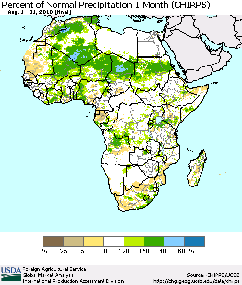 Africa Percent of Normal Precipitation 1-Month (CHIRPS) Thematic Map For 8/1/2018 - 8/31/2018