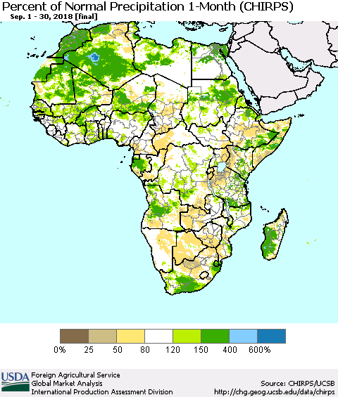 Africa Percent of Normal Precipitation 1-Month (CHIRPS) Thematic Map For 9/1/2018 - 9/30/2018