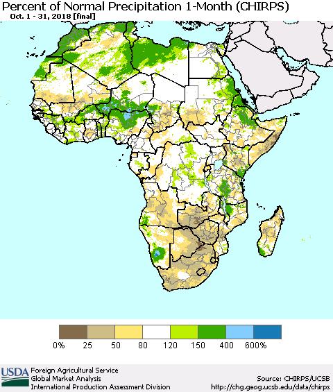 Africa Percent of Normal Precipitation 1-Month (CHIRPS) Thematic Map For 10/1/2018 - 10/31/2018