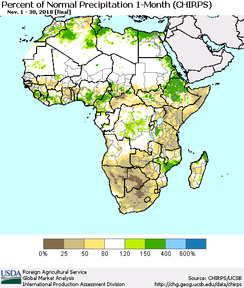 Africa Percent of Normal Precipitation 1-Month (CHIRPS) Thematic Map For 11/1/2018 - 11/30/2018
