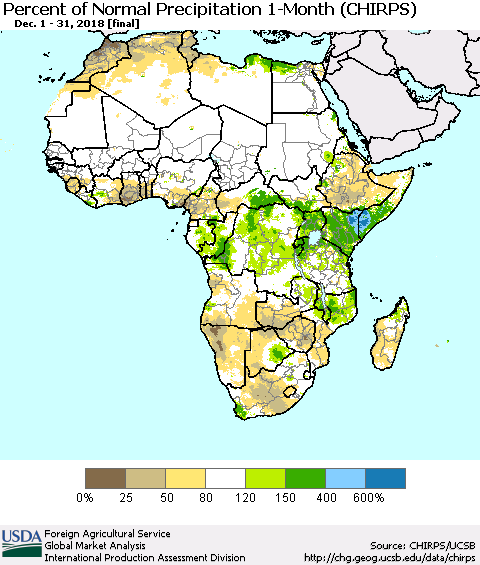 Africa Percent of Normal Precipitation 1-Month (CHIRPS) Thematic Map For 12/1/2018 - 12/31/2018
