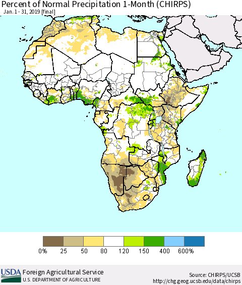 Africa Percent of Normal Precipitation 1-Month (CHIRPS) Thematic Map For 1/1/2019 - 1/31/2019
