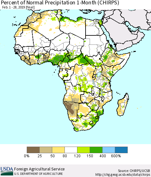 Africa Percent of Normal Precipitation 1-Month (CHIRPS) Thematic Map For 2/1/2019 - 2/28/2019