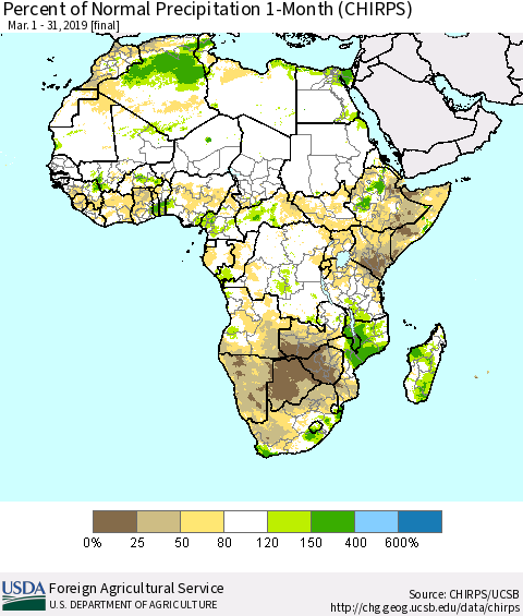 Africa Percent of Normal Precipitation 1-Month (CHIRPS) Thematic Map For 3/1/2019 - 3/31/2019