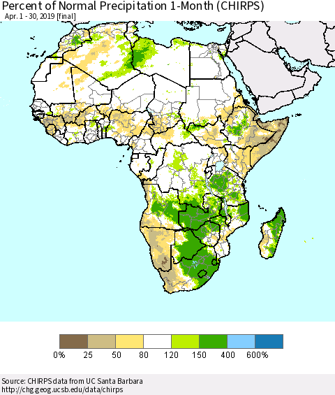 Africa Percent of Normal Precipitation 1-Month (CHIRPS) Thematic Map For 4/1/2019 - 4/30/2019