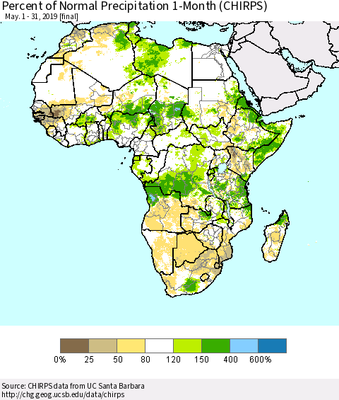 Africa Percent of Normal Precipitation 1-Month (CHIRPS) Thematic Map For 5/1/2019 - 5/31/2019
