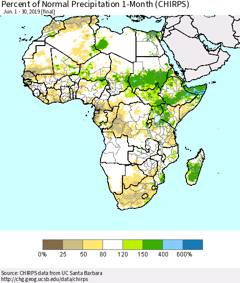 Africa Percent of Normal Precipitation 1-Month (CHIRPS) Thematic Map For 6/1/2019 - 6/30/2019