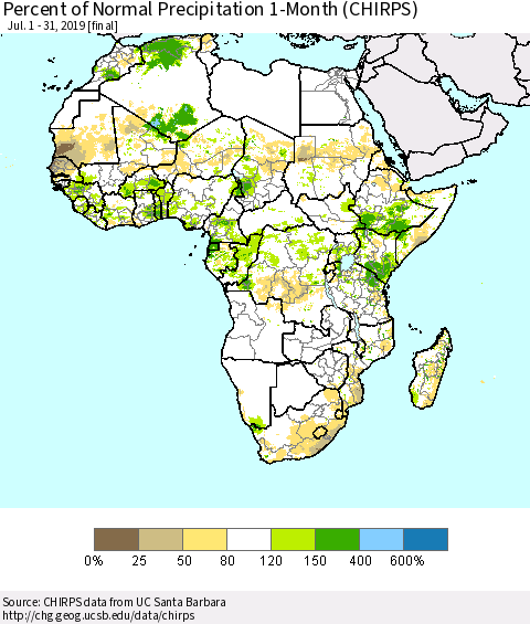 Africa Percent of Normal Precipitation 1-Month (CHIRPS) Thematic Map For 7/1/2019 - 7/31/2019