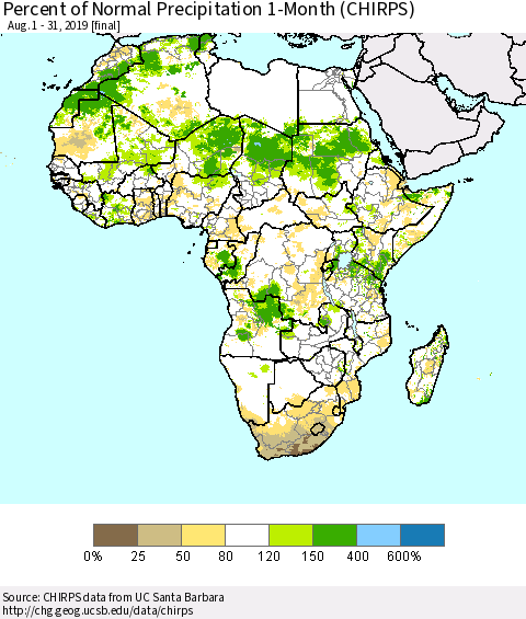 Africa Percent of Normal Precipitation 1-Month (CHIRPS) Thematic Map For 8/1/2019 - 8/31/2019