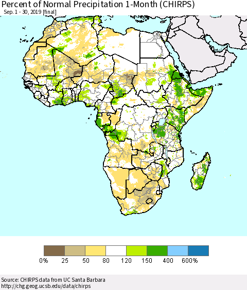 Africa Percent of Normal Precipitation 1-Month (CHIRPS) Thematic Map For 9/1/2019 - 9/30/2019