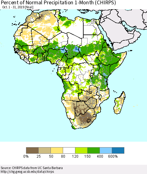 Africa Percent of Normal Precipitation 1-Month (CHIRPS) Thematic Map For 10/1/2019 - 10/31/2019