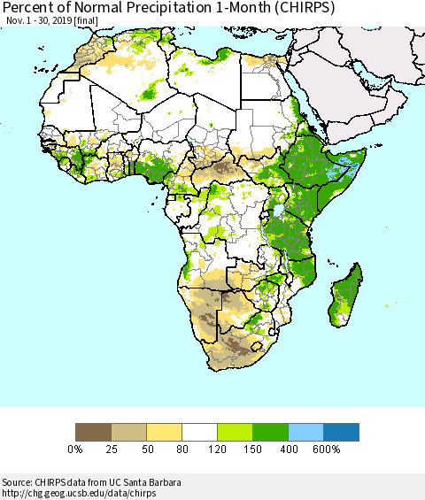 Africa Percent of Normal Precipitation 1-Month (CHIRPS) Thematic Map For 11/1/2019 - 11/30/2019